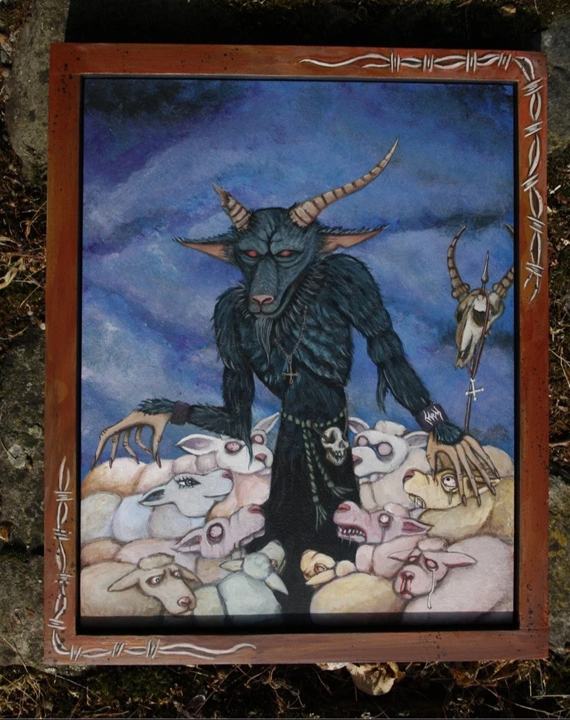 Schilderij van een donkere geitachtige figuur tussen een groep schapen.